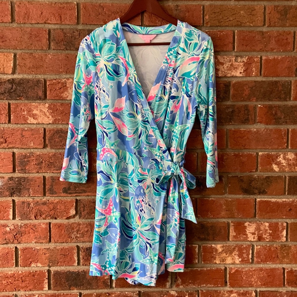 Lilly Pulitzer Blue, Teal & Pink Floral Wrap Mini Dress